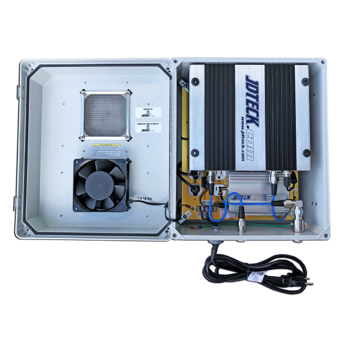 Custom built dual band cell booster for outdoor applications. Typically used in the oil & gas industry. Covers about 250,000 sqft of open space. 
