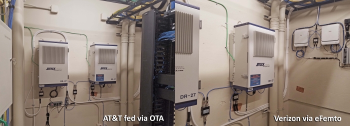 Thanks to Mike for some impressive work to install a JDTECK DAS at a hospital facility in PA. There is a repeater dedicated for Verizon and one for AT&T. A pair of eFemto's feed the Verizon's unit while the AT&T unit receive's and OTA feed from donor's on the roof.  Speed tests range from 28 MBPS to 38 MBPS. 