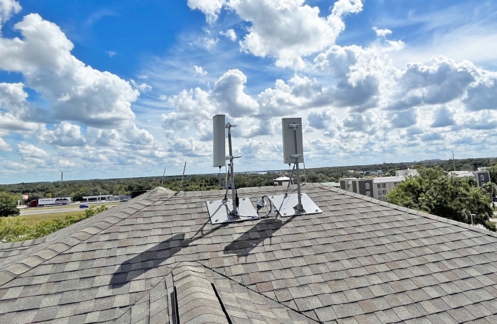 Custom engineered and fabricated antenna masts deployed here at an Extended Stay America Hotel. Made to withstand hurricane force winds. 