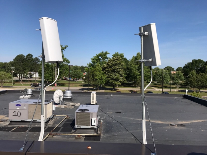 Pair of dual sector antennas feeding Digital DAS. All WSP's are supported with a lock on just 2 azimuths. Bracket supports ensure antennas remain ridged. 