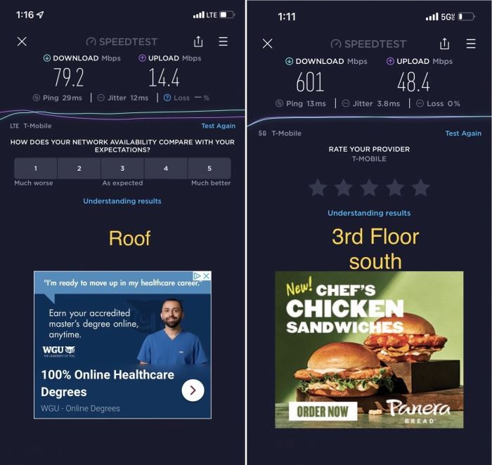 Extracting untapped bandwidth & throughput performance with our digital DAS. From LTE on roof (8th floor) with clear LOS to nearest cell-site, to 5G-uc on T-Mobile's network indoors, using just 3 frequency bands. (700, 1900 & 2100 MHz)