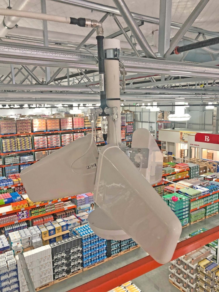 Custom engineered antenna array designed for large warehouses, deployed here at a Costco warehouse. 